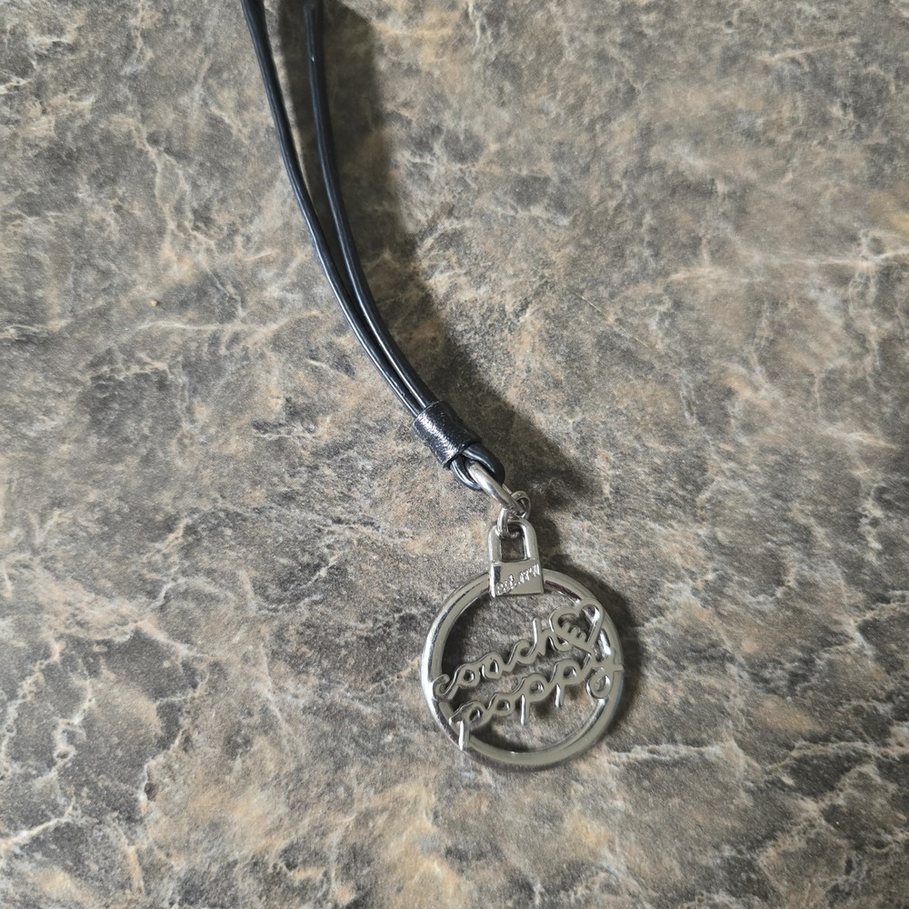 Coach Poppy Necklace Silver Tone Script Heart Pendant Black Cord Y2K Rare HTF